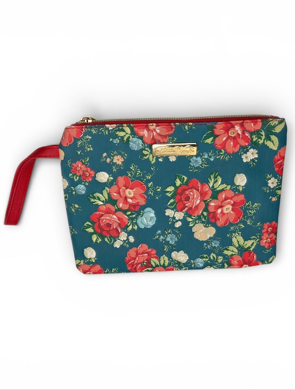 Pioneer Woman Floral Zip Wristlet Cosmetic Travel Pouch Teal with Red Roses